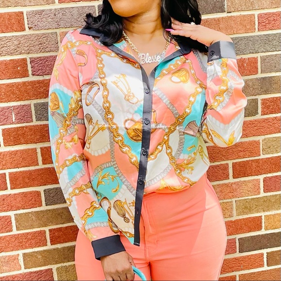 Long Sleeve Satin Chain Pattern ButtonDown Blouse - Picture 2 of 6